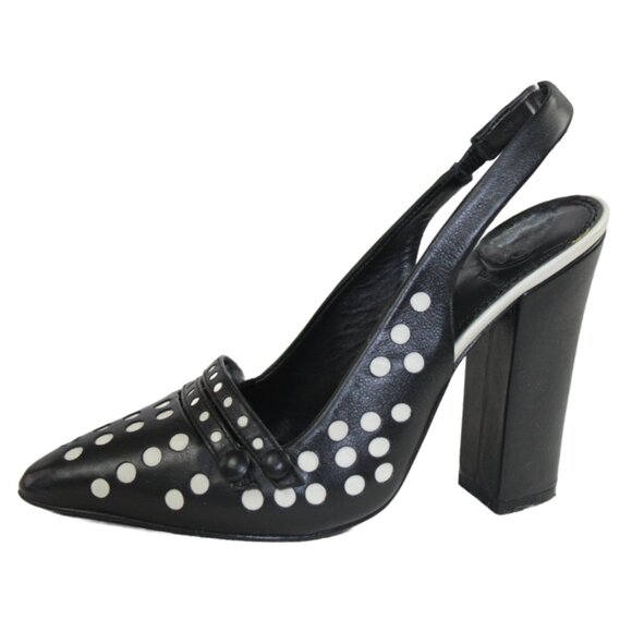 Tory Burch Kay Black Ivory Polka Dot Leather Sling Back Heels, Size 6.5 - Picture 3 of 9
